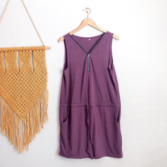 Pants - Sleeveless 1/4 Zip Pocket Drawstring Waist Romper Purple